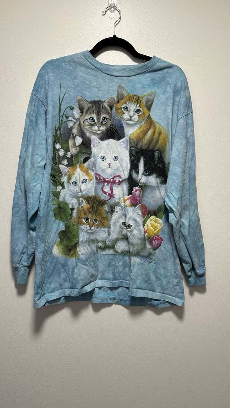 Vintage Cat Long Sleeve Blue Tye Dye Shirt Size Large 100% Cotton